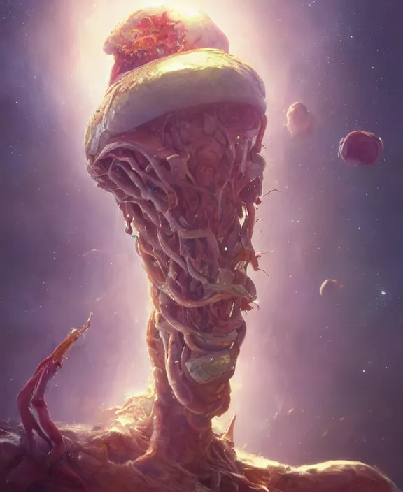 Image similar to portrait of an alien fungus creature, adorable, childlike, milky way environment, ultra realistic, concept art, cheerful, photorealistic, octane render, 8 k, unreal engine. art by christopher marley and artgerm and greg rutkowski and alphonse mucha