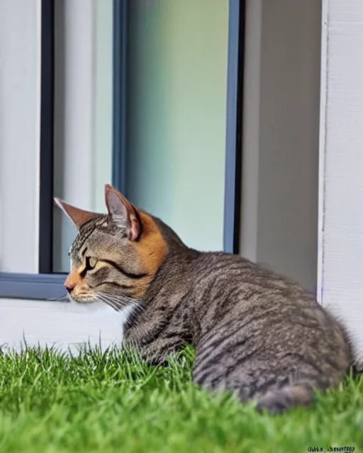 Image similar to a watchful cat is staring out the window at a couple of birds in the yard the birds are hunting for food on the ground. the cat's tail is slowly flicking back and forth