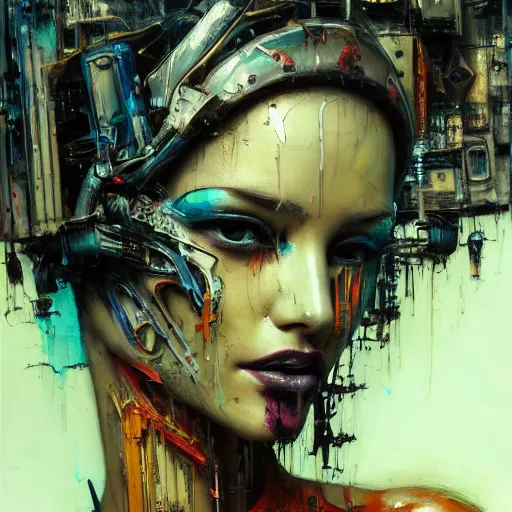 Prompt: sexy beautiful woman head made of mech mask rendered in unreal engine, cyberpunk, rave, scifi, painted by david burliuk | bernard buffet | carne griffiths | beksinski