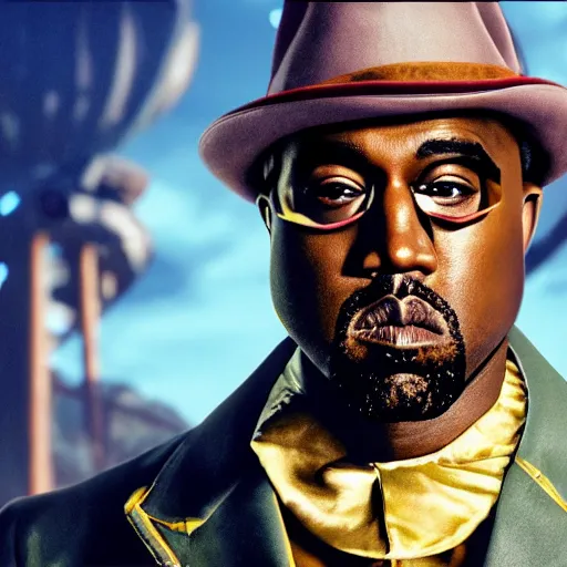 Image similar to Kanye West as willy wonka in fallout new vegas, splash art, movie still, cinematic lighting, dramatic, octane render, long lens, shallow depth of field, bokeh, anamorphic lens flare, 8k, hyper detailed, 35mm film grain