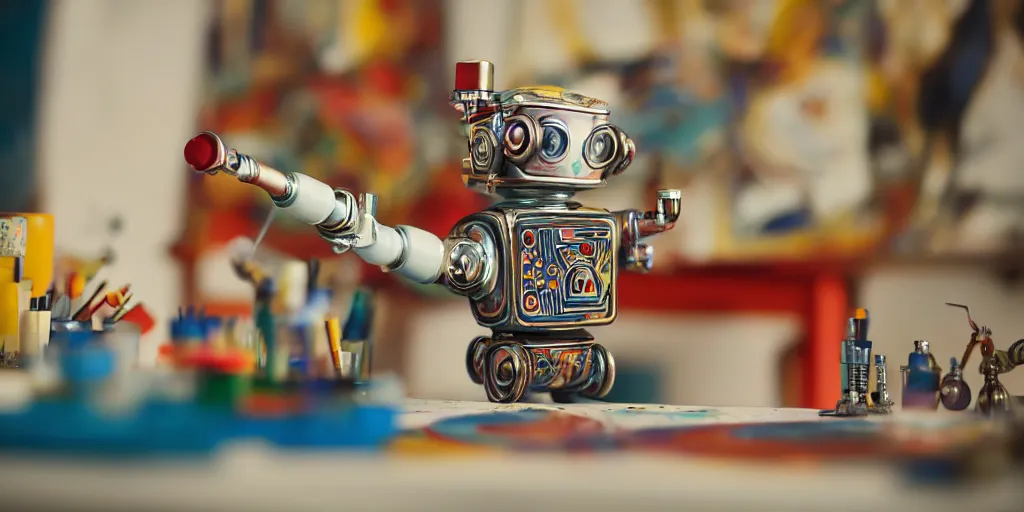 Image similar to closeup portrait of tin toy retro robot painter mixing gouache on white paper table in an artist workshop, depth of field, zeiss lens, detailed, centered, fashion photoshoot, by nicoletta ceccoli, mark ryden, lostfish, breathtaking, 8 k resolution, extremely detailed, beautiful, establishing shot, artistic, hyperrealistic, octane render