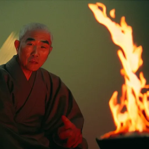 Prompt: cinematic film still of PontiacMadeDDG starring as a Japanese Sensei with fire, Japanese CGI, VFX, 2003, 40mm lens, shallow depth of field, film photography