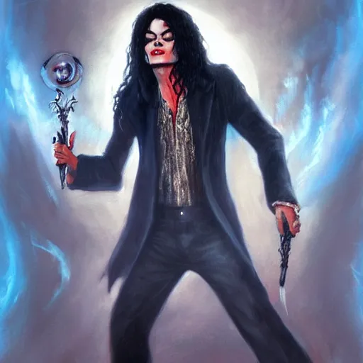 Image similar to Michael Jackson as an Exorcist, Fantasy Illustration by Tony Sart, Trending on artstation