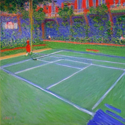Image similar to tennis court, art by claude monet, impressionism, oil painting, bright colors, advertising painting