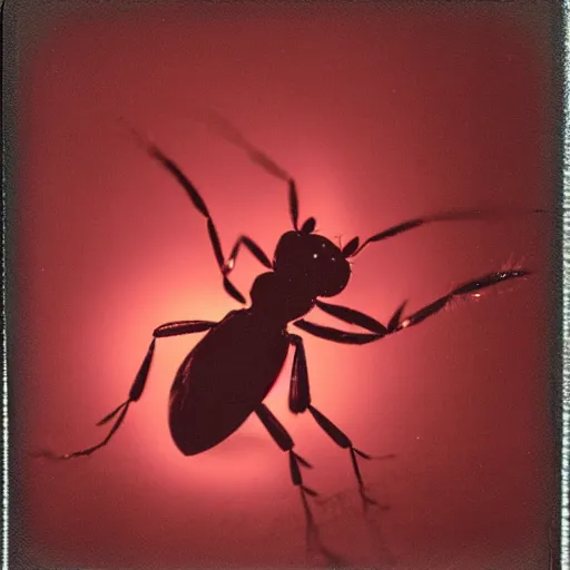 Prompt: analog vintage photography polaroid of a chrome ant, red color bleed, heavy film grain, bloom, glow
