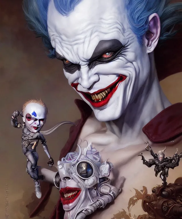 Image similar to beautiful evil fantasy baby joker portrait, ultra realistic, wide angle, intricate details, the fifth element artifacts, highly detailed by peter mohrbacher, hajime sorayama, wayne barlowe, boris vallejo, aaron horkey, gaston bussiere, craig mullins