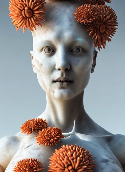 Image similar to portrait of an absurdly beautiful marble statue made of biomechanical corals, daisies, well contoured smooth fair walls, carrying a bottle of perfume, up close shot, sharp focus, global illumination, radiant light, alexandre ferra white mecha, irakli nadar, octane highly render, 4 k, ultra hd,