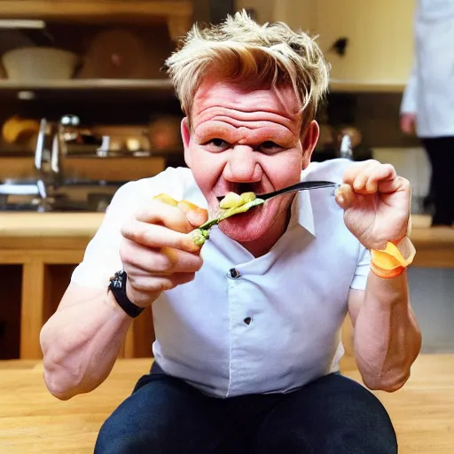 Image similar to Gordon Ramsay eating beans while children point and laugh at him, bullying, cruel kids, television still