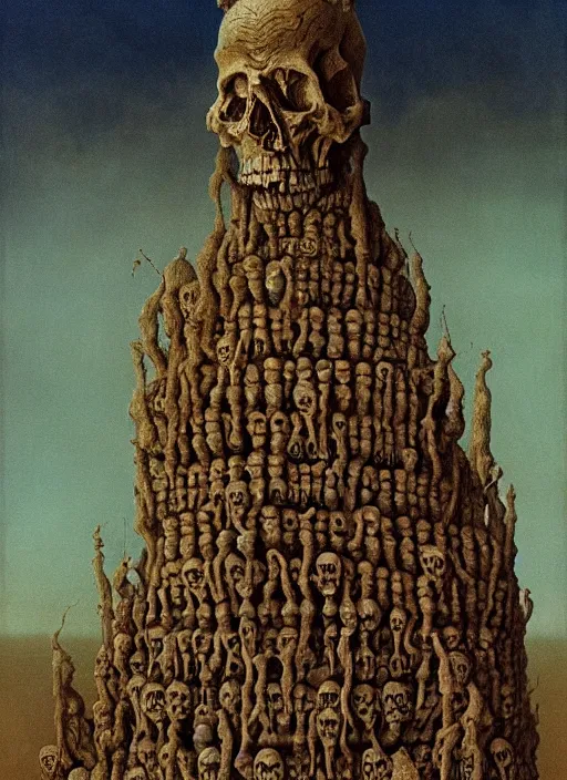 Image similar to a tower of skulls. highly detailed painting by zdzisław beksinski and henry fuseli. 8 k