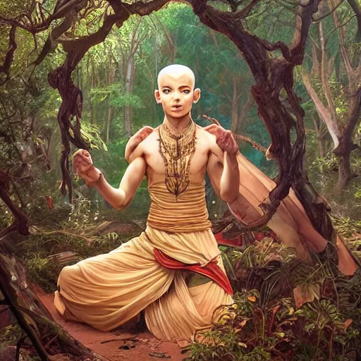 Image similar to intricate detailed portrait painting of aang on a beautiful forest meadow, temple ruins surrounded by lush forest, afternoon, intricate, elegant, highly detailed, digital painting, sharp, focus, illustration art by artgerm and greg rutkowski and alphonse mucha