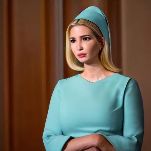 Prompt: A photo of Ivanka Trump as Serena Joy on the Handmaid's Tale, teal