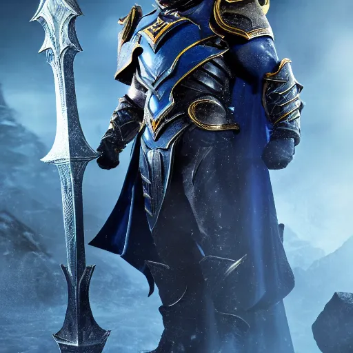 Image similar to Henry Cavill as Arthas Menethil in World of Warcraft, promo shoot, studio lighting
