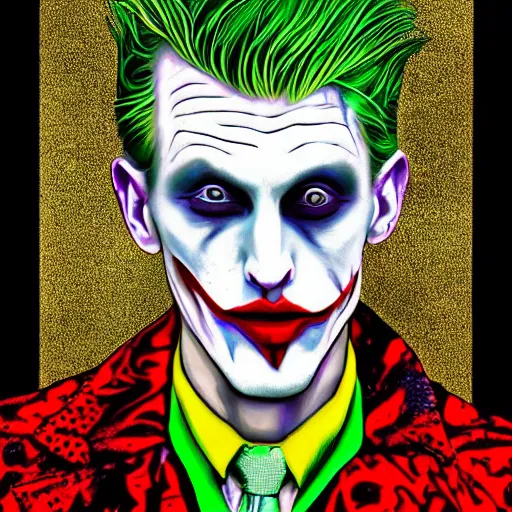 Prompt: an extremely psychedelic portrait of mgk as the joker, surreal, lsd, face, detailed, intricate, elegant, lithe, highly detailed, digital oth, sharp focus, illustration,