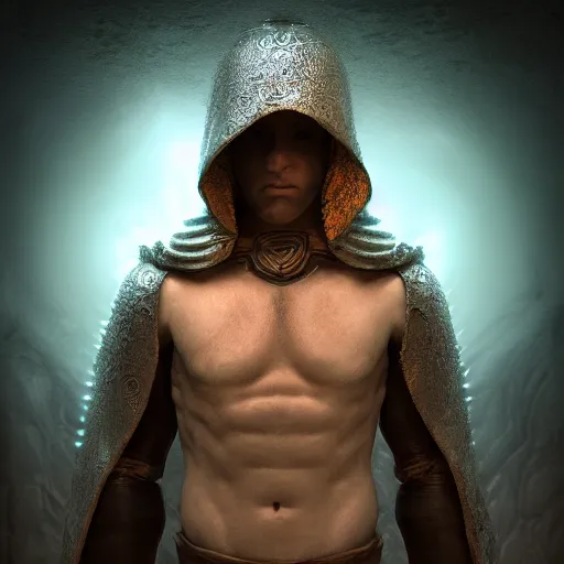 Image similar to portrait of a hooded male warrior inside a bioluminescent temple, fantasy art, realistic, highly detailed, cinematic, 3d render, octane render, sharp focus