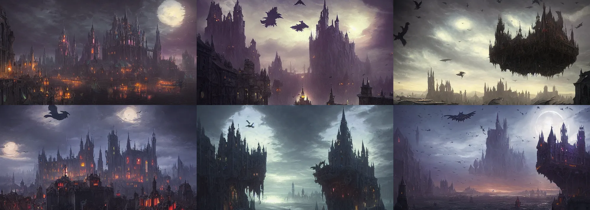 Prompt: a solitary floating flying castle with futuristic gothic magical architecture hovering in the sky above a medieval city, by Greg Rutkowski and Raphael Lacoste and Dan Mumford, detailed, volumetric lighting, swarms of ravens, sorcerous magic, dusk