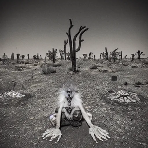 Prompt: “ real life skinwalkers in desert graveyard, vivid, realistic, terrifying ”