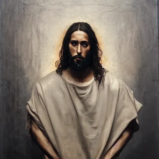 Prompt: a portrait of jesus wearing jerry lorenzo streetwear by nicola samori, oil painting, realistic, 8 k, fear of god style