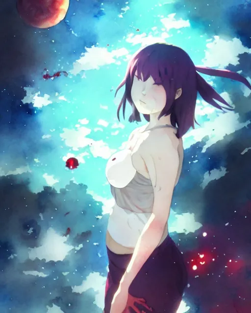 Image similar to oriental water color of a cute thicc damaged zombie woman, floating through space, backlit, by makoto shinkai and krenz cushart