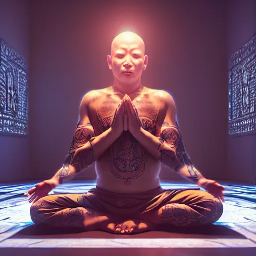 Image similar to an cybernetic monk praying with hands above head, monk robe and tattoos, octane render, unreal engine, 8 k, cinematic, artwork by ilya kuvshinov