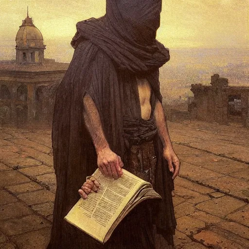 Image similar to half portait of magican wearing a closed cowl holding a big old book!, jeremy mann, jean leon gerome, alphonse mucha, greg rutkowski, hood covers his eyes, chains on his wrist, ( ( ruins of ancient rome ) ), at dusk, mysterious atmosphere, sunrays, dof, masterpiece, high detailed, 8 k