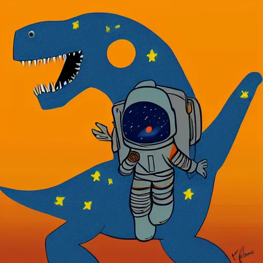 Image similar to an astronaut riding on a dinosaur, digital art