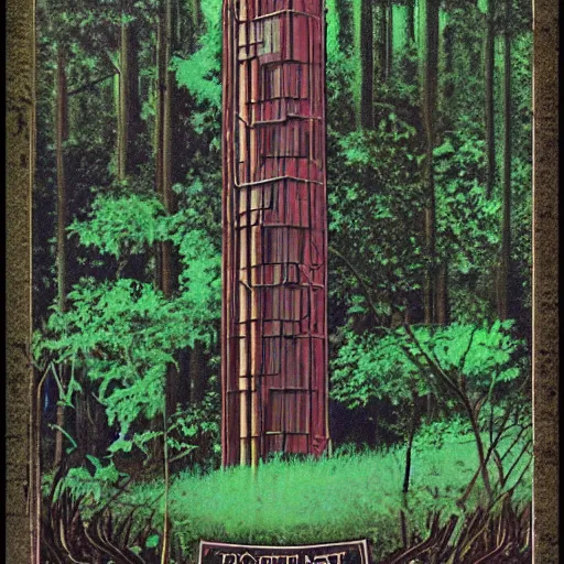 Image similar to tower in a forest, 70s fantasy poster