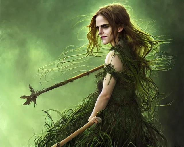 Image similar to portrait of emma watson as a swamp witch, green colored skin, green hair, holding a caduceus staff, messy hair, deep focus, d & d, fantasy, intricate, elegant, highly detailed, digital painting, artstation, concept art, matte, sharp, illustration, hearthstone, art by artgerm and greg rutkowski and alphonse mucha