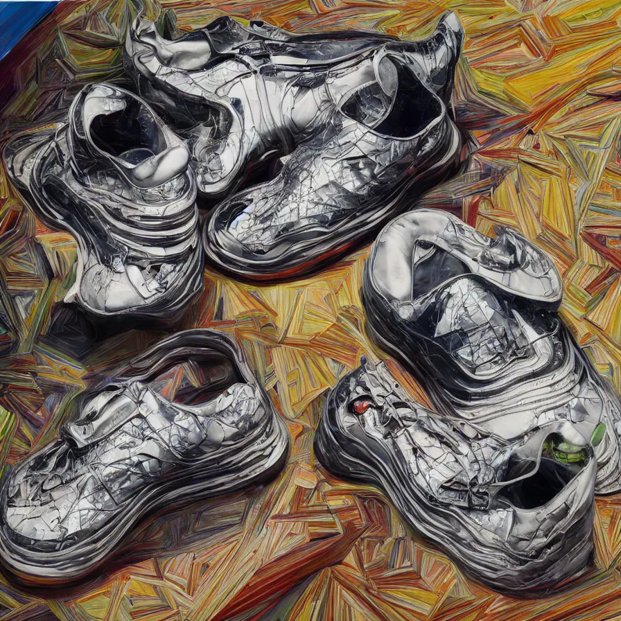 Image similar to futuristic balenciaga sneakers, nft art, highly detailed, hyper realistic, art by todd mcfarlane, by ( ( ( lucian freud ) ) ) and gregory crewdson and francis bacon