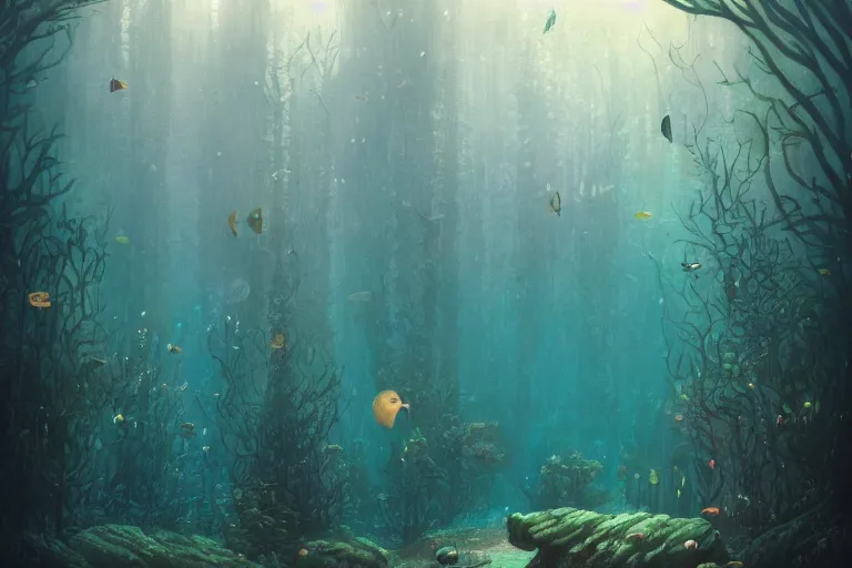 Image similar to Fantastical underwater forest by Shaun Tan and Eywind Earle, trending on artstation