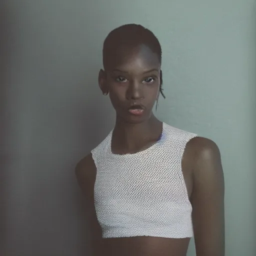 Image similar to realistic photoshoot for a new off-white lookbook, color film photography, portrait of a beautiful girl in style of tyler Mitchell, 35mm, graflex