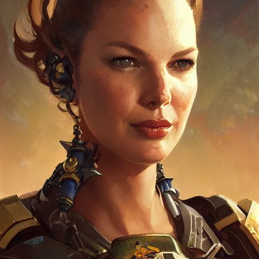 Image similar to Katherine Heigl as a warhammer 40k marine, gorgeous, beautiful, intricate, highly detailed, digital painting, artstation, oppressive lighting, concept art, sharp focus, illustration, art by greg rutkowski and alphonse mucha