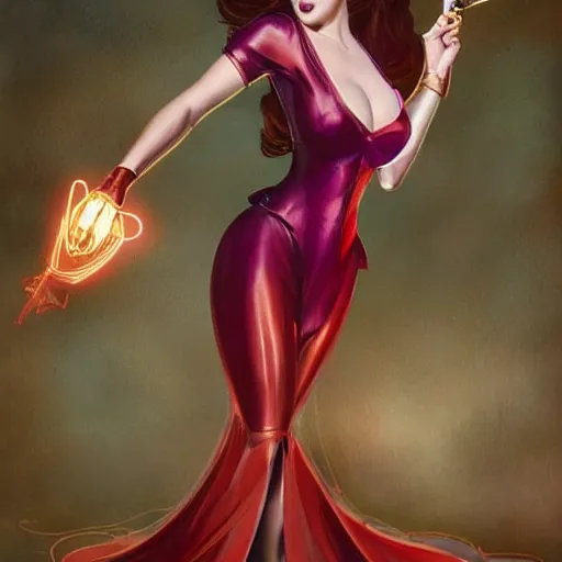 Prompt: anna kendrick dressed as jessica rabbit holding a glowing wand in one hand and a large leather bound book, fantasy, intricate, elegant, highly detailed, digital painting, artstation, concept art, matte, sharp focus, illustration, in the style of magic the gathering, art by artgerm and greg rutkowski and alphonse mucha