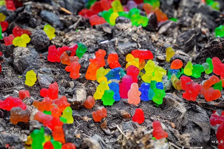 Prompt: Bali vacation photo of a group of gummy bears being swept up into a tornado 55mm