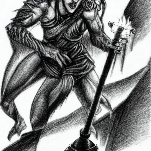 Image similar to Crazy Tiefling with a torch.. Fantasy. Pencil drawing
