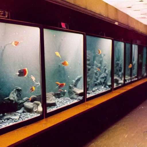 Image similar to spooky creepy liminal space, display case, aquatic exhibition science museum, dusty slightly cracked aquarium, computer screens, photo taken on fujifilm superia