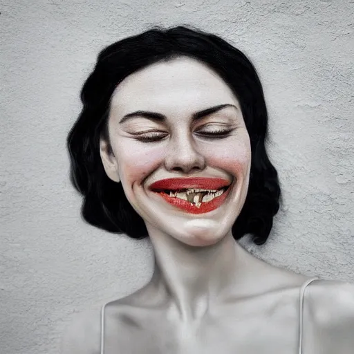 Prompt: a mouth a bit open, two eyes half closed and half a smile on her soul makes a beautiful portrait on the wall. by Alina Ivanchenko and Rich Pritch