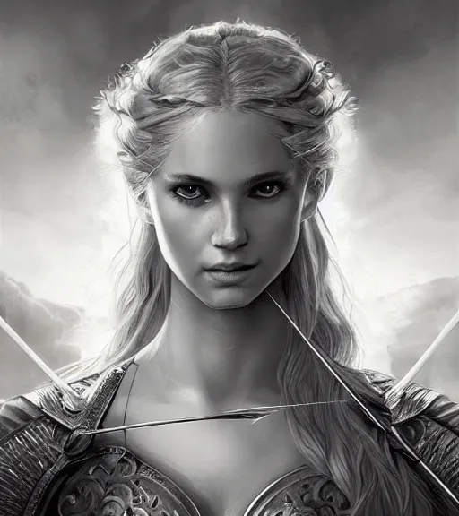 Prompt: portrait of beautiful aphrodite goddess as an archer warrior, arrow, beautiful piercing eyes, flowing blonde hair, realistic face, black and white drawing, in the style of greg rutkowski, fantasy, amazing detail, epic, intricate, elegant, smooth, sharp focus