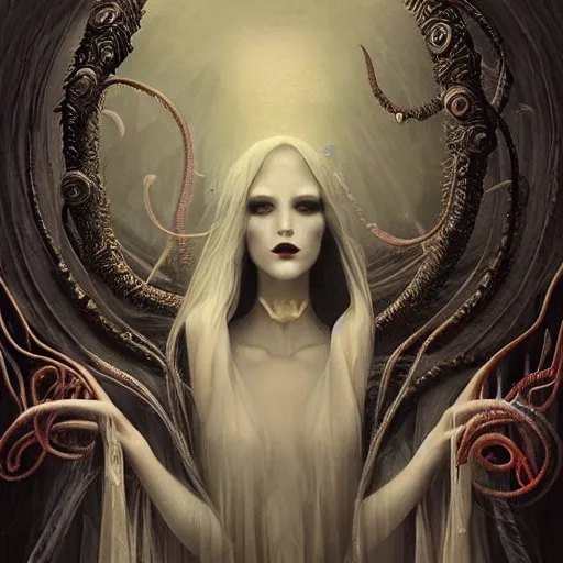 Image similar to curiosities carnival in wonderland, soft paint of a single elegant goth sorceress in a full long dress, symmetry accurate features, horror, tentacles, darkness, fog, focus, madness, insanity, very intricate ultrafine details, award winning masterpiece, tom bagshaw artstyle