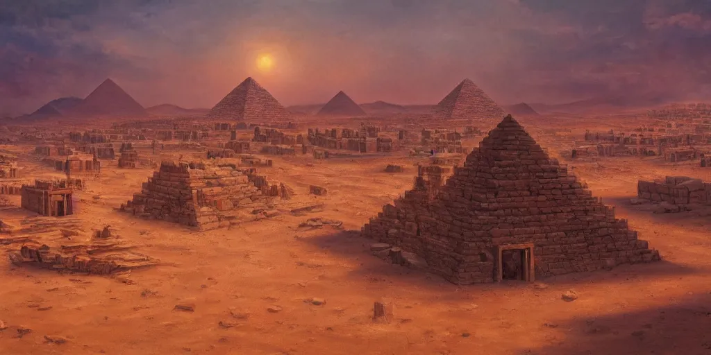 Image similar to an oil painting of a small city in the desert with only one pyramid in the center and walls that surround the city and a dark red sun, fantasy,hyper realistic, atmospheric lighting, cinematic, 8k,