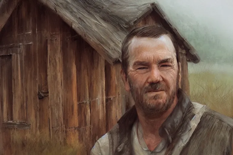 Prompt: a cinematic headshot portrait of a farmer, stood outside a wooden cabin, by krenz cushart