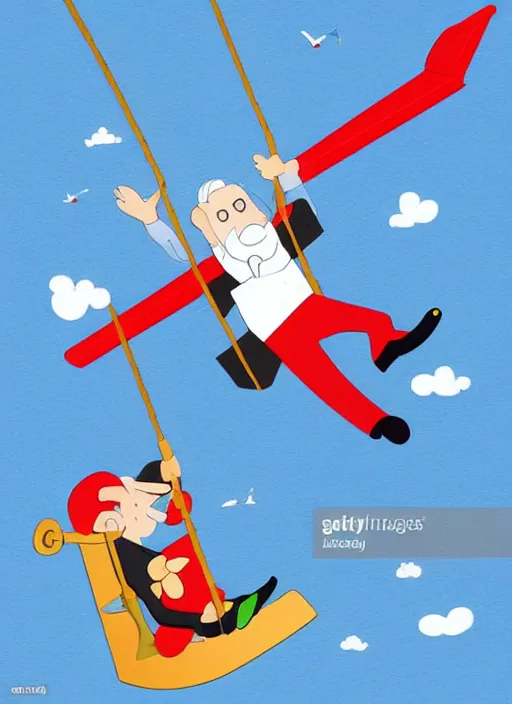 Image similar to an old man on a swing with a plane on top of him, a cartoon by rube goldberg, trending on shutterstock, neoism, poster art, isometric, 2 d