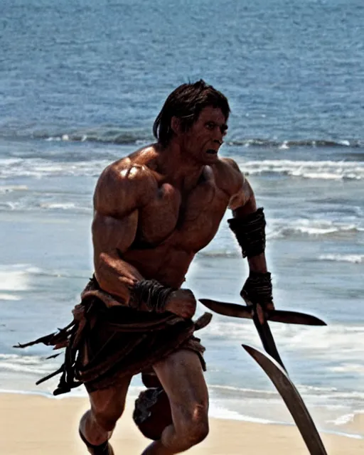 Prompt: spartan warrior sprinting on beach, epic award winning action cinematic still from the movie 3 0 0, muscles,