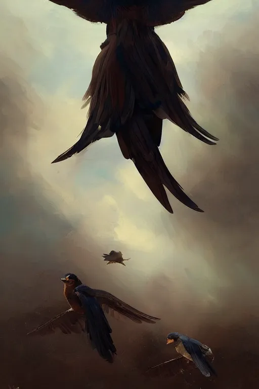 Image similar to birds flying, wings, flock of brown black blue birds, oil painting, sunlit, paint texture, digital painting, highly detailed, artstation, sharp focus, illustration, concept art, ruan jia, charlie bowater, tom bagshaw, norman rockwell