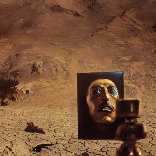 Prompt: salvador dali with full - face golden mask in a dry rocky desert landscape, visible sky and sunny atmosphere, fata morgana and giant square mirrors, film still from the movie by alejandro jodorowsky with cinematogrophy of christopher doyle and art direction by hans giger, anamorphic lens, kodakchrome, very detailed photo, 8 k