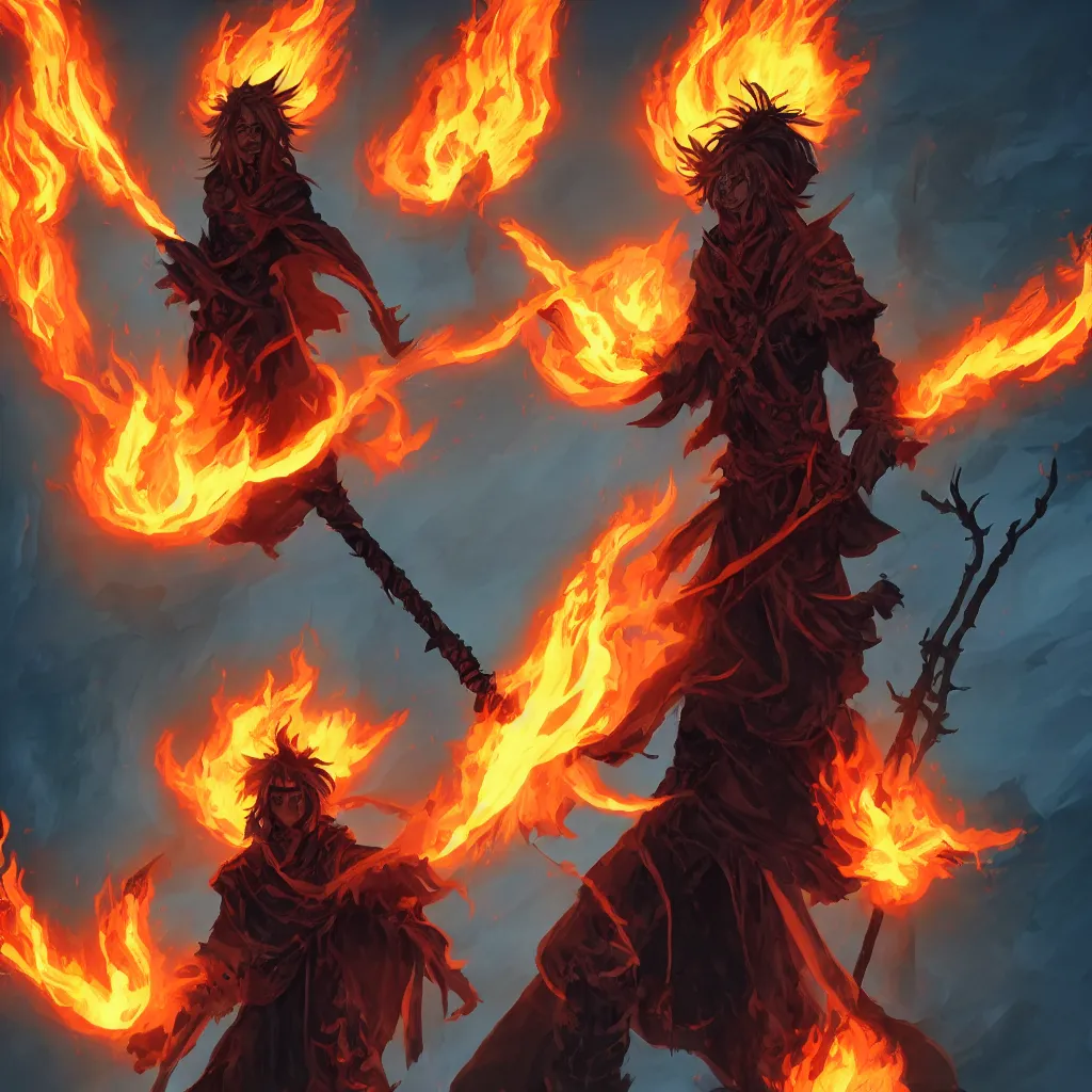 Prompt: dungeons and dragons official art of a lone male fire genasi wizard with pitch black skin, flaming hair, glowing orange eyes, wearing black wizard robes, smug smile, holding a wooden staff, standing proudly in front of barren plains in background, official print, book cover art