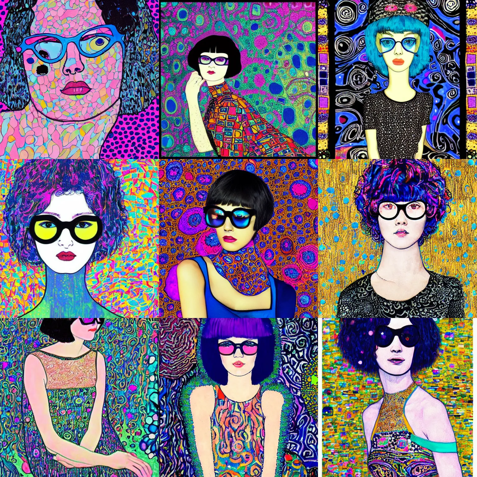 Prompt: klimt style teen girl short black shaggy asymetrical bob haircut and thin blue frame glasses, dressed in black lace, laying over a colorful and bright trippy victor moscoso room. lsd colorful pattern