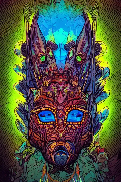 Image similar to totem animal tribal chaman vodoo mask feather gemstone plant wood rock video game illustration vivid color borderlands by josan gonzales and dan mumford radiating a glowing aura