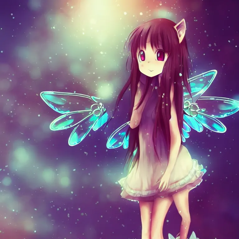 Image similar to cute, full body, female, anime style, a cat girl with fairy wings, large eyes, beautiful lighting, sharp focus, simple background, creative, heart effects, filters applied, illustration