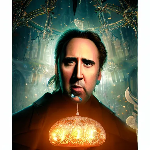 Prompt: nicholas cage, fairy tale, stunning, surrounding cinematic light, hyper detailed, ornate and intricate, 4 k cinematic octane render