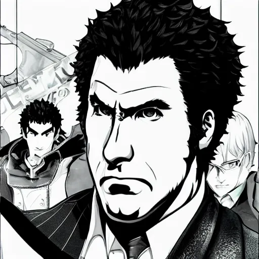 Image similar to will ferrell action portrait in the style of persona 5, atlus video game, video game cover featuring will ferrell, stylized anime art